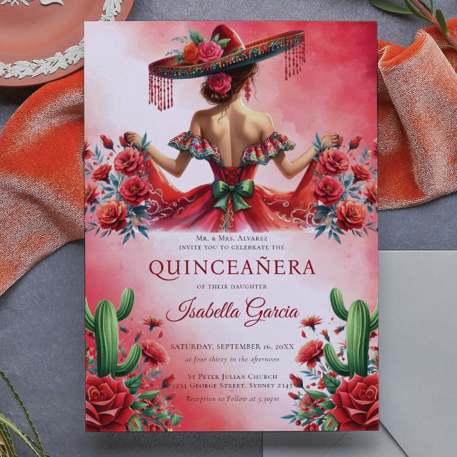 Convite Estilo Verde Mexicano Vermelho Quinceañera (Criador carregado)