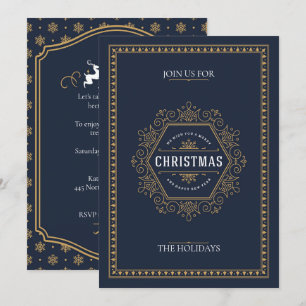 Convite Estilo Vintage Elegante Marinho Festa de Natal Azu