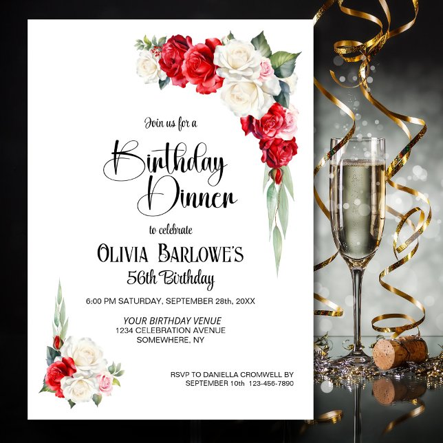 Convite Estiloso Jantar de Aniversário Floral com Rosa Bra (Criador carregado)