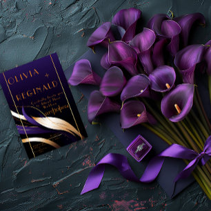 Convite Estimulante Roxo Moderno e Dourado Calla Lily