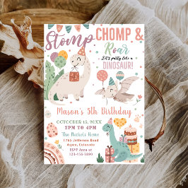 Convite Estomp, Chomp & Roar Watercolor Dinossauros Aniver