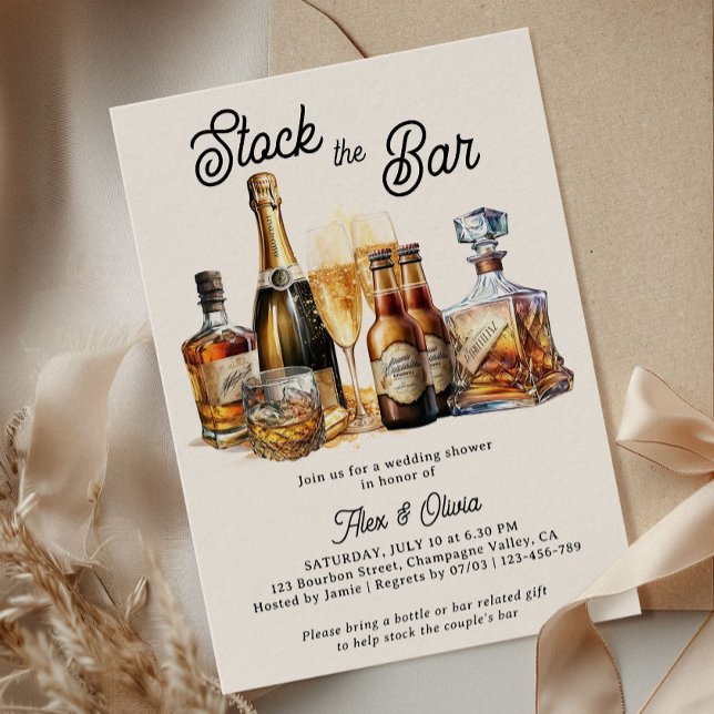 Convite Estoque o Chá de casamento dos Casais do Bar (Rustic Stock the Bar Wedding Shower Invitation with Beer Champagne and Whiskey)