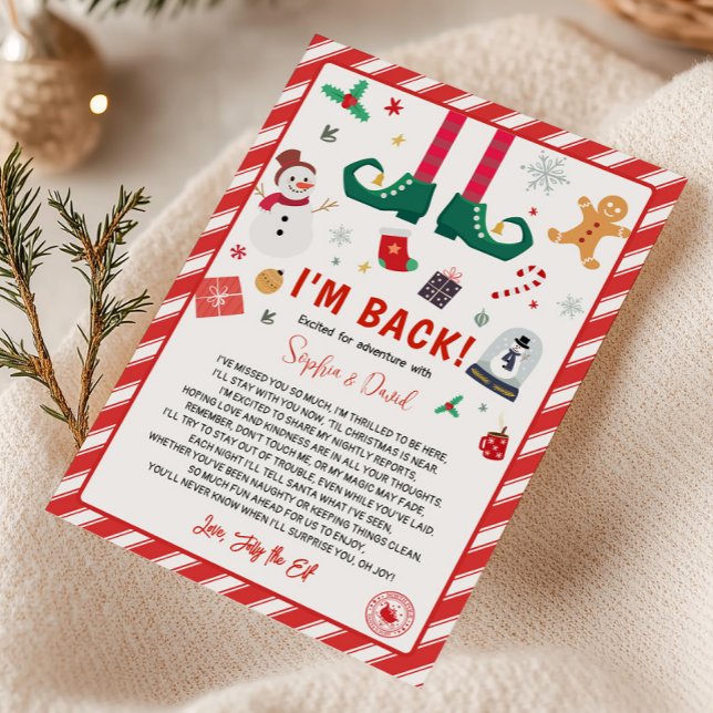 Convite Estou de Volta Carta de Chegada do Natal do Elfo (I'm Back Christmas Elf Return Arrival Letter Card)