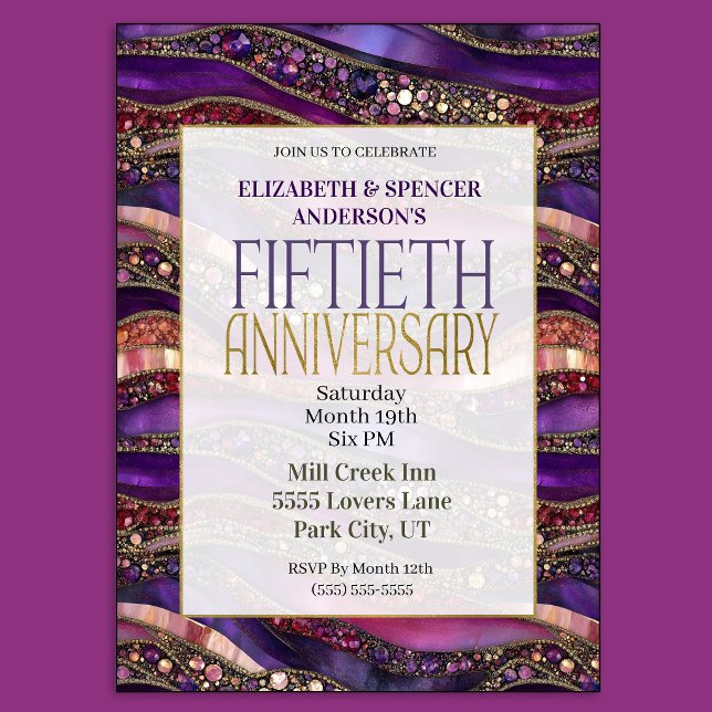 Convite Estratos Pedidos de Roxo 50º Aniversário de Casame (Purple and Gold Jeweled Strata 50th Wedding Anniversary Party Invitation)
