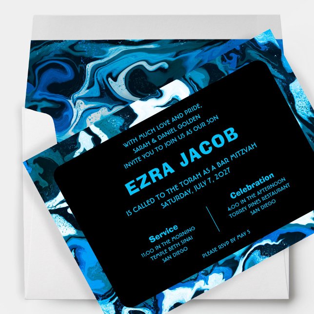Convite Estrela Azul do Marble do Bar Personalizado David  (Blue Marble Star of David Custom Bar Bat Mitzvah Invitation
)