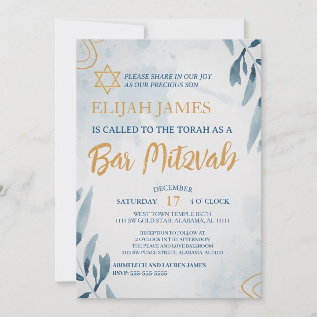 Convite Estrela Azul Dourada Moderna Elegante do Bar David (Frente)