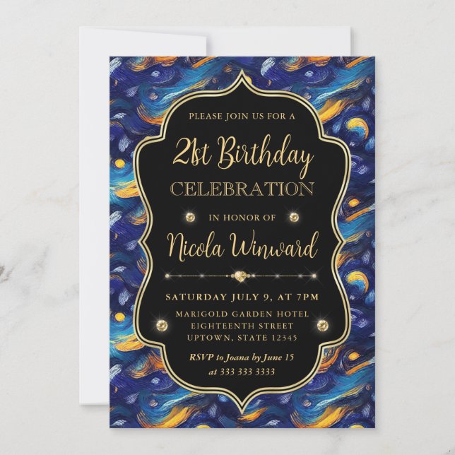 Convite Estrela Azul e Amarela Noite de Aniversário de 21  (Frente)