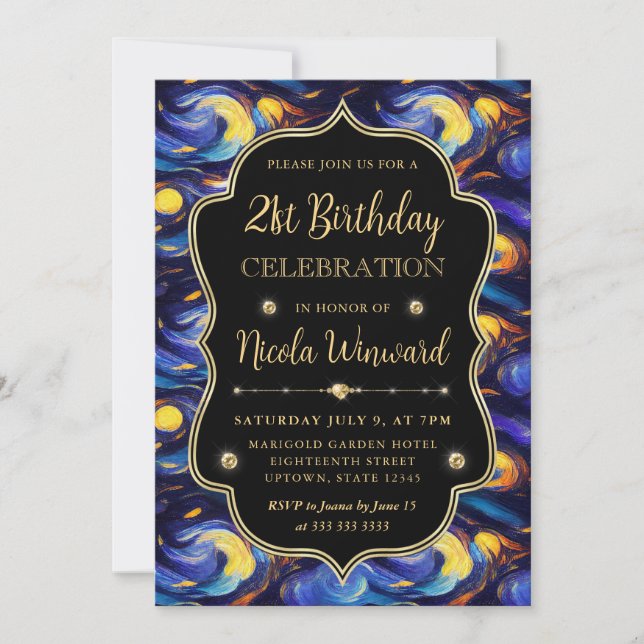 Convite Estrela Azul e Amarela Noite de Aniversário de 21  (Frente)