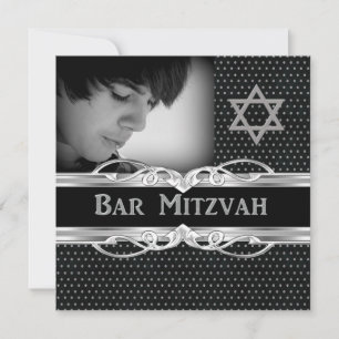 Convite Estrela Bar Mitzvah Preto Prata Metal Estudados