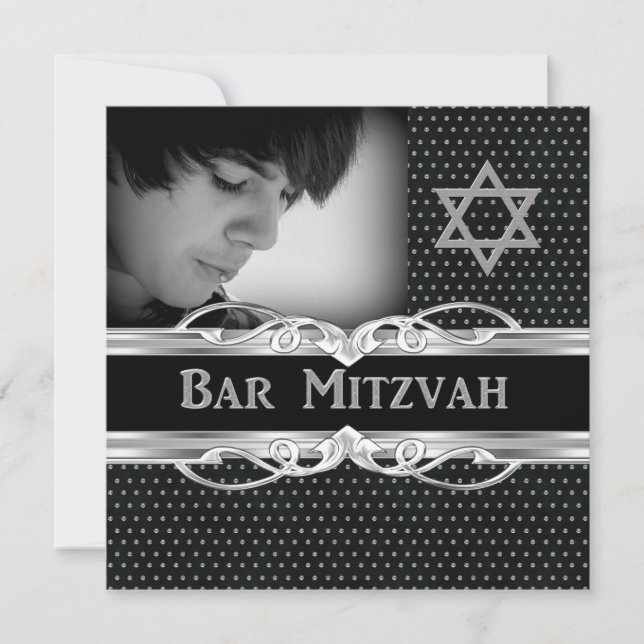 Convite Estrela Bar Mitzvah Preto Prata Metal Studs (Frente)