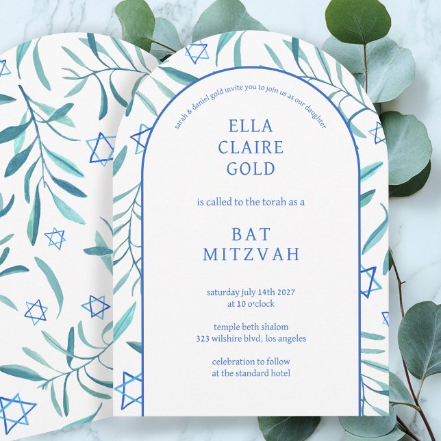 Convite Estrela Botânica de Aquarela de David Bar Bat Mitz (Watercolor Botanical Star of David Bar Bat Mitzvah Arch
elegant Invitation
)