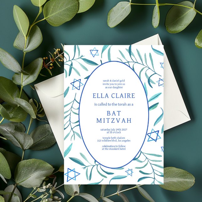 Convite Estrela Botânica de Aquarela de David Bar Bat Mitz (Watercolor Botanical Star of David Bar Bat Mitzvah Invitation
)