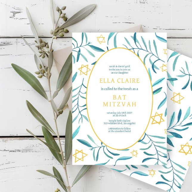 Convite Estrela Botânica de Aquarela de David Bar Bat Mitz (Watercolor Olive Leaves Botanical Star of David Bar Bat Mitzvah Custom Elegant Invitation
)