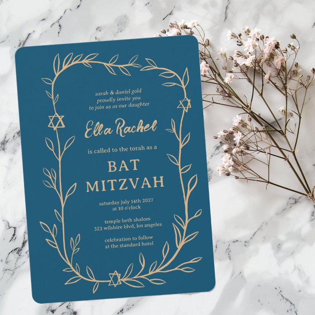 Convite Estrela Botânica Delicada de David Bar Bat Mitzvah (Delicate Botanical Star of David Bar Bat Mitzvah Modern Girl Invitation
)