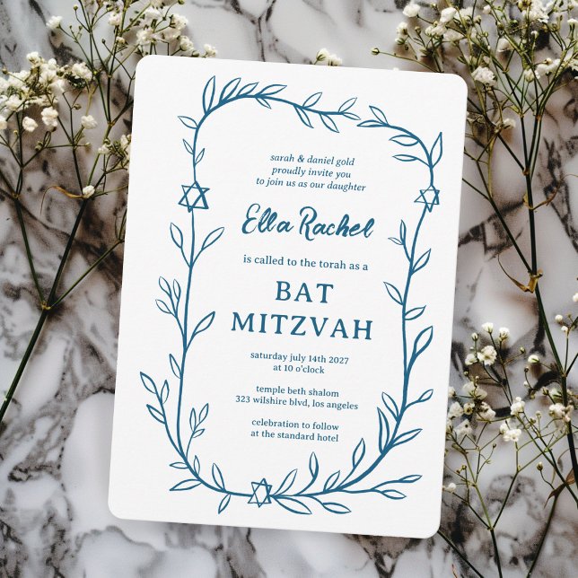 Convite Estrela Botânica Delicada de David Bar Bat Mitzvah (Delicate Botanical Star of David Bar Bat Mitzvah Invitation Elegant Trendy BLue White Hand Drawn
)