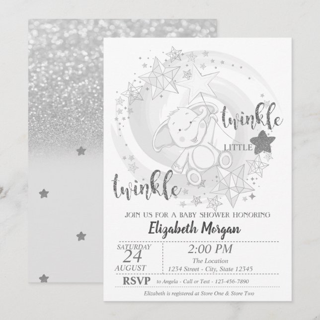 Convite Estrela Brilhante Glitter Prata, Chás de Bebê de U (Frente/Verso)