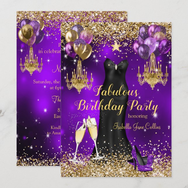 Convite Estrela de Aniversário Fabuloso Roxo Celebração (Frente/Verso)