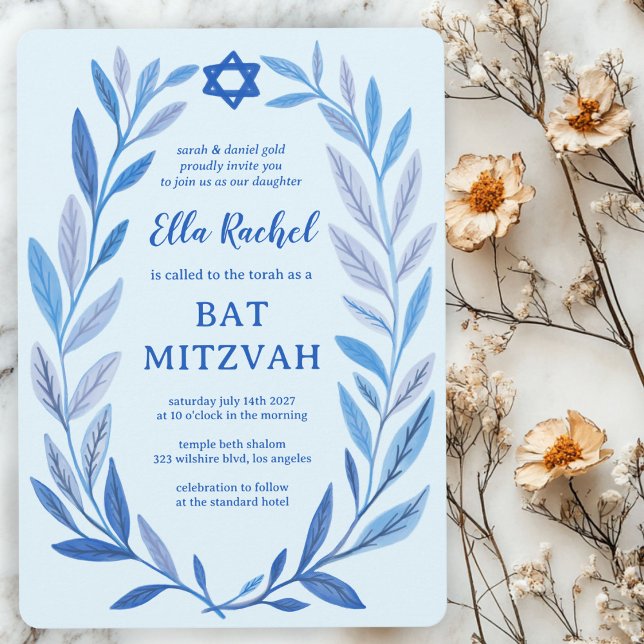 Convite Estrela de Aquarela Botânica de David Bar Bat Mitz (Botanical Watercolor Star of David Bar Bat Mitzvah Invitation
)