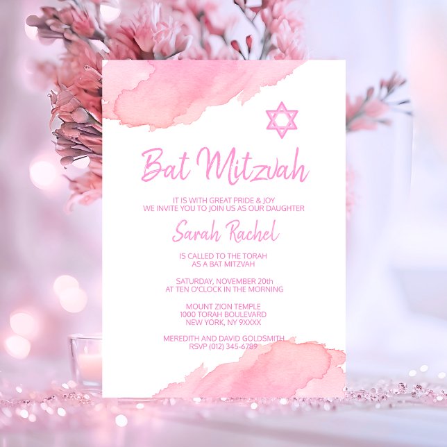 Convite Estrela de Aquarela Moderna de PINK de David BAT M (Modern PINK Watercolor Star of David BAT MITZVAH Invitation)