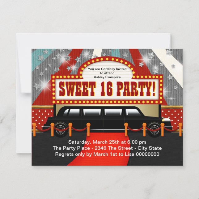 Convite Estrela de Cinema de Limo Preto Festa de 16 Anos D (Frente)