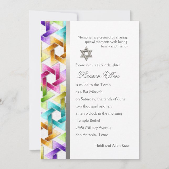Convite Estrela de Davi Arco-íris Damask Bat Mitzvah (Verso)