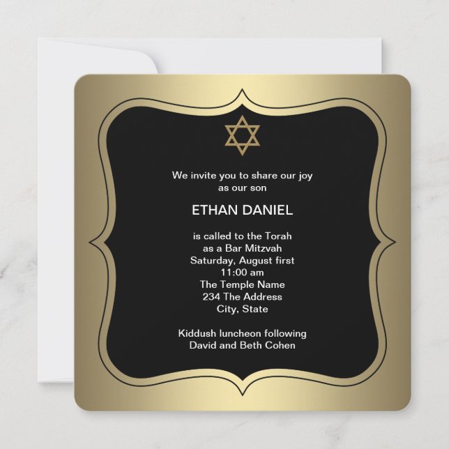 Convite Estrela de Davi Bar Mitzvah Dourado Preto (Frente)