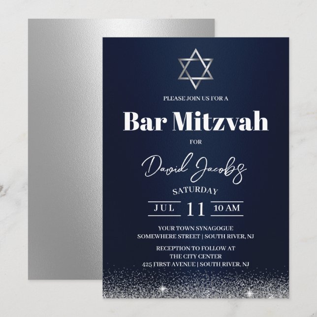 Convite Estrela de Davi Bar Mitzvah Judaico Azul Marinho M (Frente/Verso)