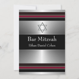 Convite Estrela de Davi Bar Mitzvah Preta Vermelha Prata