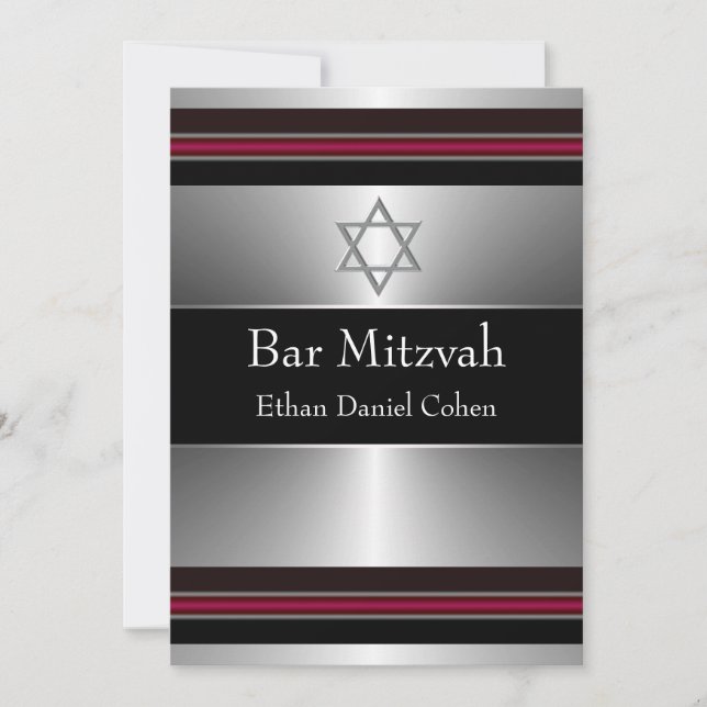 Convite Estrela de Davi Bar Mitzvah Preta Vermelha Prata (Frente)