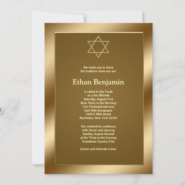 Convite Estrela de Davi de ouro Bar Mitzvah (Frente)