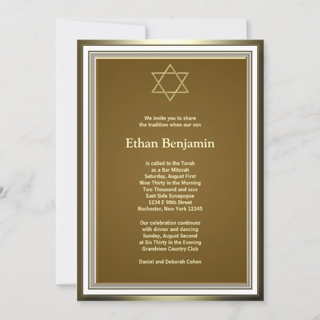 Convite Estrela de Davi de Ouro Branco Bar Mitzvah (Frente)
