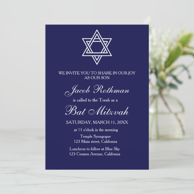 Convite Estrela de Davi Elegante Simples Azul Bat Mitzvah (Em pé/Frente)