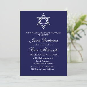 Convite Estrela de Davi Elegante Simples Azul Bat Mitzvah