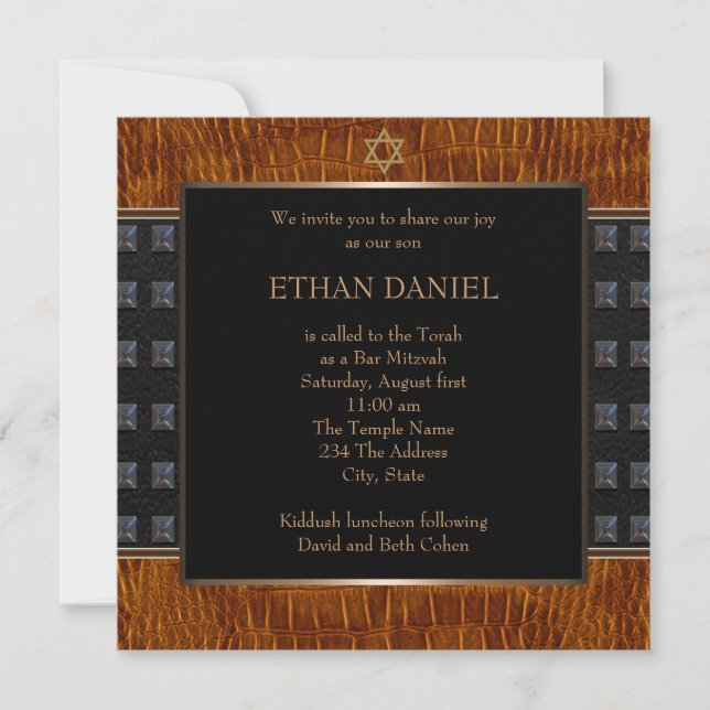 Convite Estrela de Davi em Couro Preto Marrom Bar Mitzvah (Frente)
