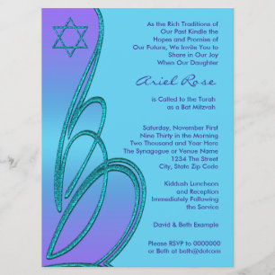 Convite Estrela de Davi Roxo Azul Turquesa Bat Mitzvah