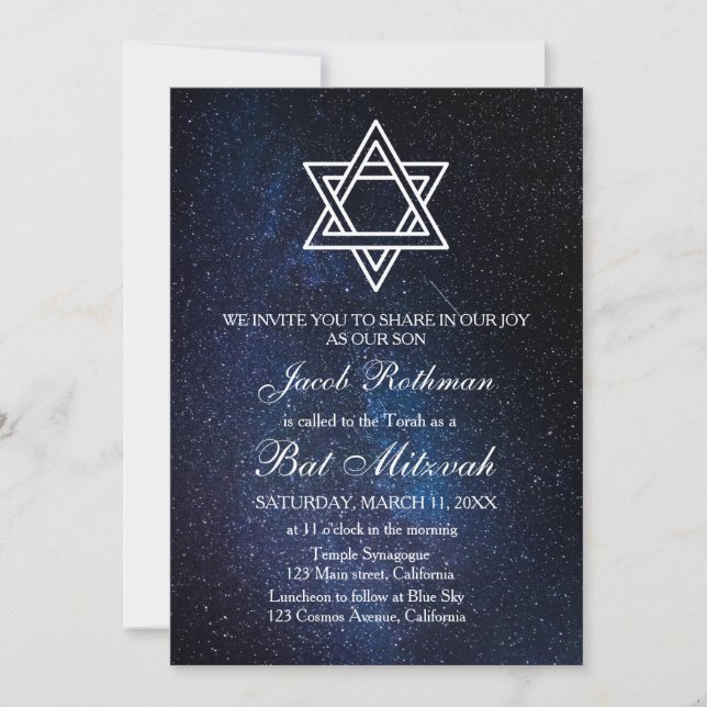 Convite Estrela de David Elegante Simples Azul Bat Mitzvah (Frente)