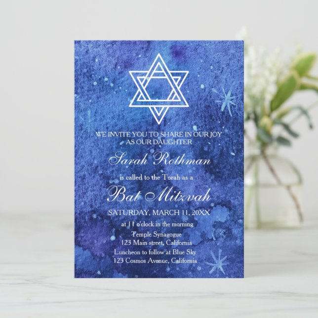 Convite Estrela de David Elegante Simples Azul Bat Mitzvah (Em pé/Frente)