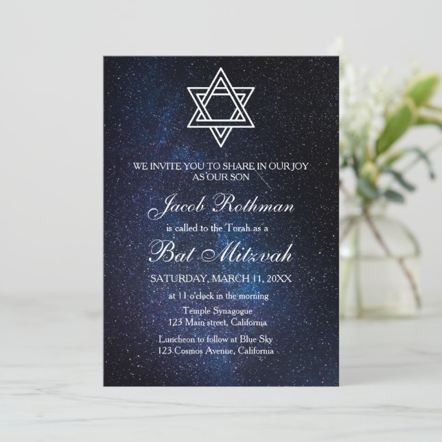 Convite Estrela de David Elegante Simples Bat Mitzvah Azul (Em pé/Frente)