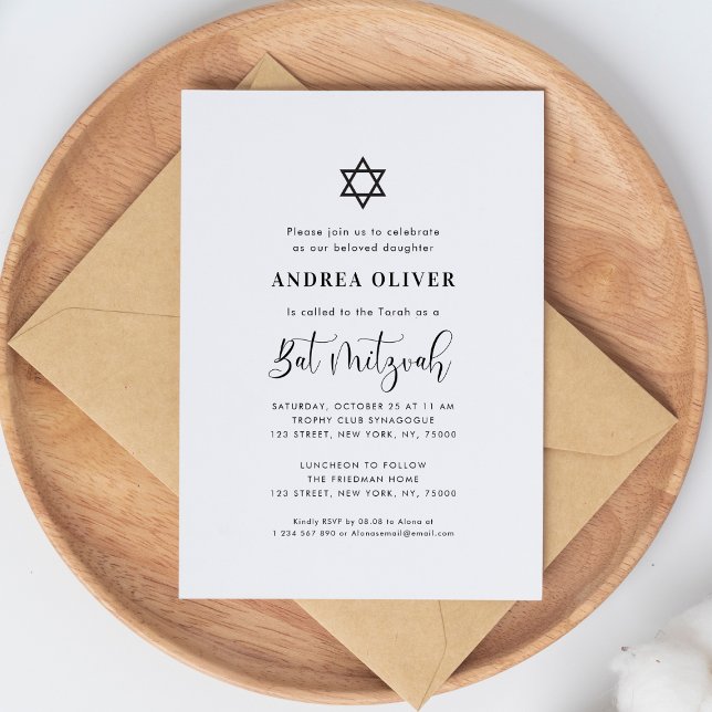Convite Estrela de David em Script Elegante Bat Mitzvah Br (Criador carregado)