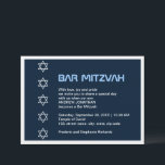 Convite Estrela de David Pattern Bar Mitzvah<br><div class="desc">O convite da estrela do Bar David Pattern Mitzvah apresenta cinco padrões de estrelas alinhados verticalmente em um plano de fundo listrado,  todos dentro de uma linha de borda branca. O título 'Bar Mitzvah' está em azul. Disponível também para bat mitzvahs. © Manhã 6</div>