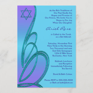 Convite Estrela de David Roxo Azul Turquesa Bat Mitzvah