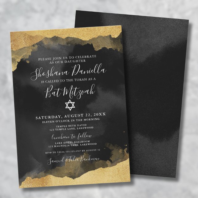Convite Estrela De Dourada Aquarela De David Mitzvah (Gold Watercolor Star Of David Bat Mitzvah Invitation)