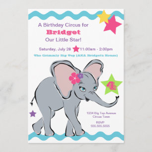 Convite Estrela de Elefante Menina Colorido Brilha