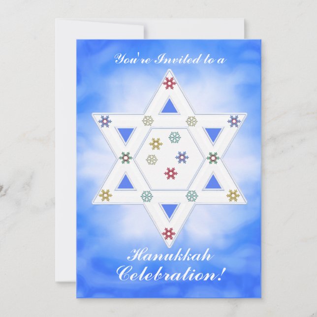 Convite Estrela de Hanukkah e Flocos de Neve Celebram Azul (Frente)
