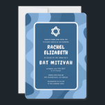 Convite Estrela de Ondas Azuis do David Custom Bat Mitzvah<br><div class="desc">Cartão perfeito para anunciar um morcego mitzvah, bar mitzvah ou outra celebração judaica! Mão fez arte para você com a letra no lado de trás! TOTALMENTE PERSONALIZÁVEL! Clique em "Personalizar" acima para editar o texto. Clique em "editar usando a ferramenta design" para ajustar as fontes, as cores e os posicionamentos...</div>