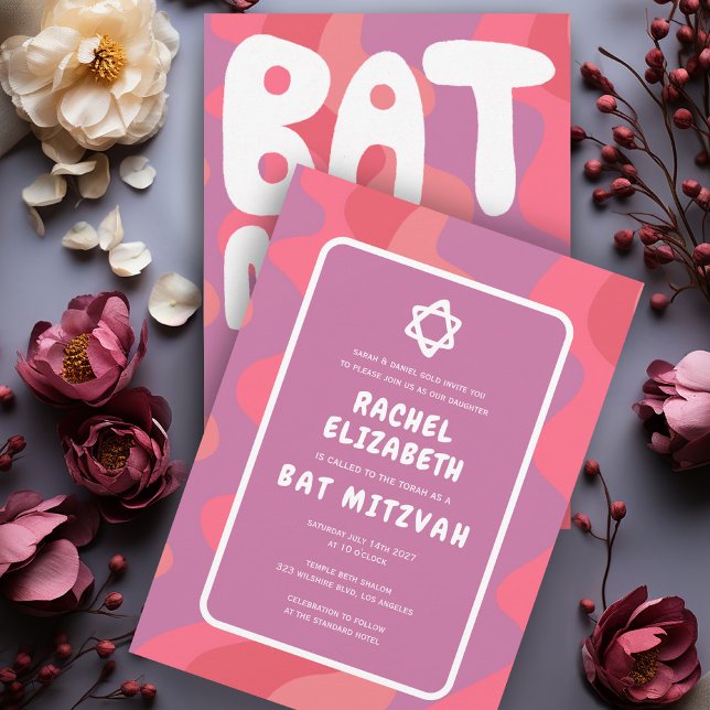 Convite Estrela de Ondas Rosa Groovy de David Custom Bat M (Groovy Pink Purple Waves Star of David Custom Bat Mitzvah Handlettering Invitation Colorful  Cute)