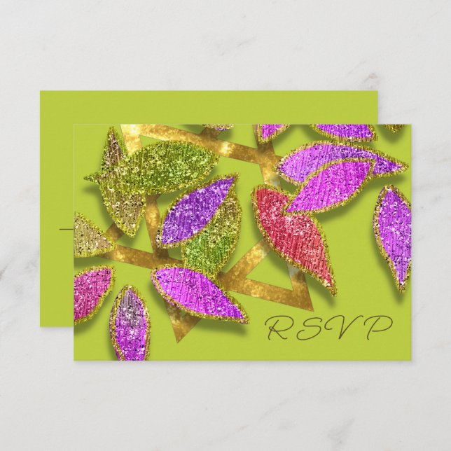 Convite Estrela de Petéquias Verde Roxo-Rosa da Bat Mitzva (Frente/Verso)