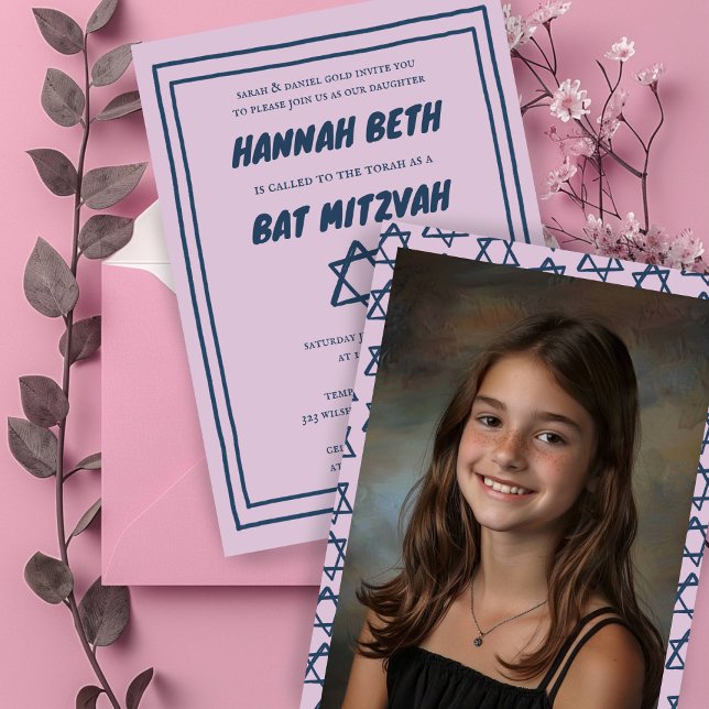 Convite Estrela do Bar do David Custom Photo B'nai Bat Mit (Star of David Custom Photo B'nai Bat Bar Mitzvah Invitation
Pink Simple Minimalist)