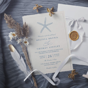 Convite Estrela do Mar Azul Empoeirado Praia Casamento Mod