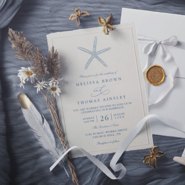 Convite Estrela do Mar Azul Empoeirado Praia Casamento Mod (Criador carregado)